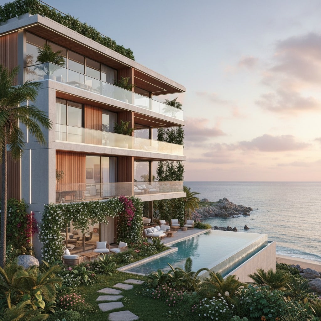 Deniz kenarında, sonsuzluk havuzu ve çiçekli bahçesi bulunan modern tasarımlı lüks bir villa.